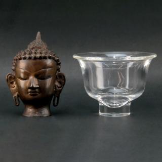 Appraisal: Grouping of Steuben Crystal Dish and Vintage Bronze Buddha Sculpture