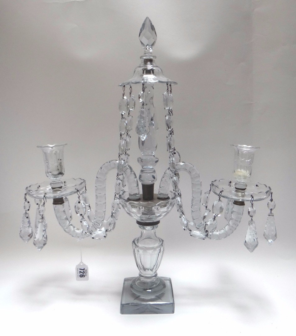 Appraisal: A pair of English cut glass twin light candelabra early