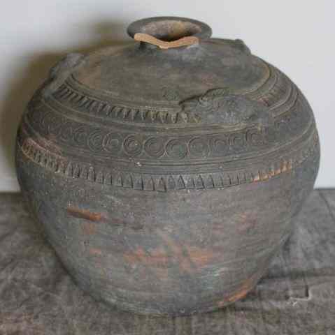 Appraisal: Antique Asian Terracotta Bulbous Vase With applied fish and incised