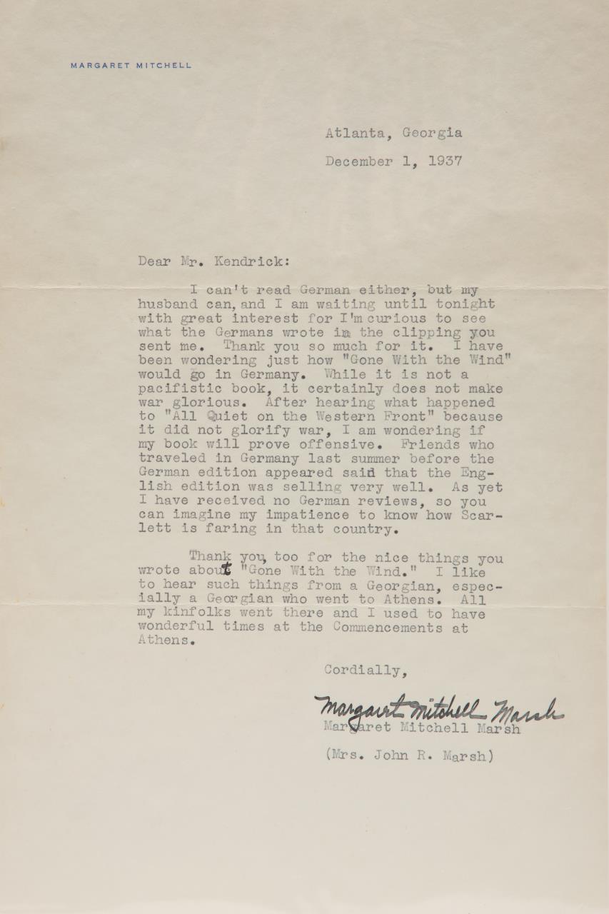 Appraisal: MARGARET MITCHELL SIGNED LETTER RE GERMANY Letter dated December from