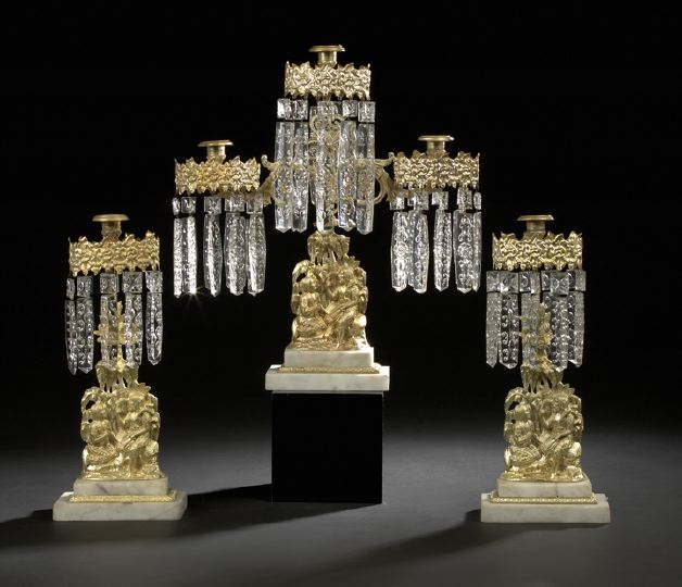 Appraisal: Rare Three-Piece American Gilt-Lacquered Brass Marble and Cut Glass Robinson