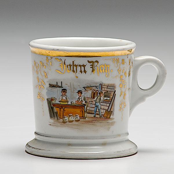 Appraisal: FINE BAKER'S OCCUPATIONAL SHAVING MUG porcelain with polychrome painted scene