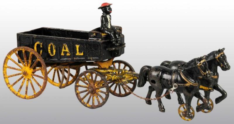 Appraisal: Cast Iron Dent Tipping Horse-Drawn Coal Wagon Toy Description Includes