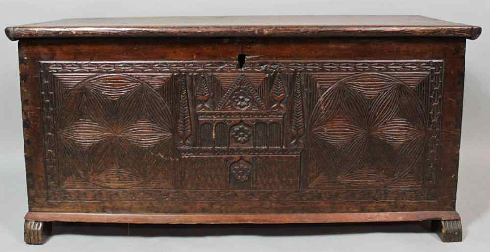 Appraisal: CARVED CYPRIOT HINGED BLANKET CHEST th century the rectangular hinge