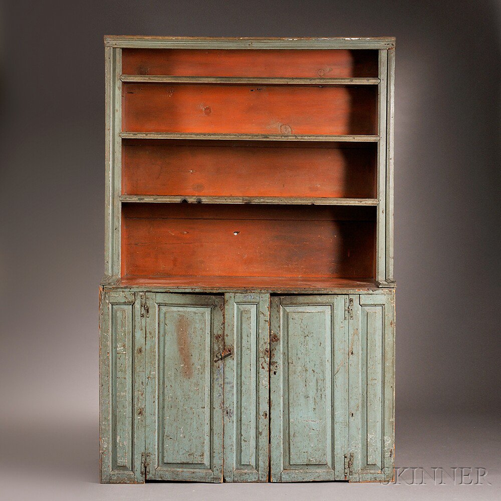 Appraisal: Blue- and Salmon-painted Slant-back Cupboard possibly Long Island New York