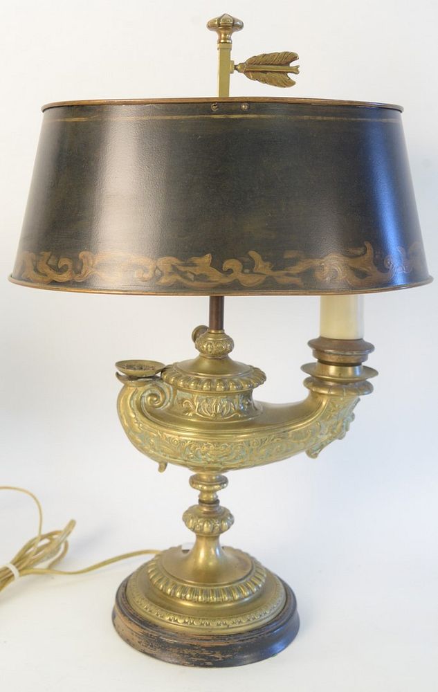 Appraisal: Brass Electrified Oil Lamp with one light and tole shade