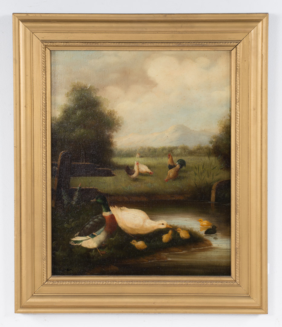 Appraisal: Framed oil on board of ducks and chickens Undernumber