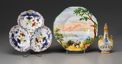 Appraisal: Three Pieces Majolica Italian th century hand-painted earthenware octagonal plate