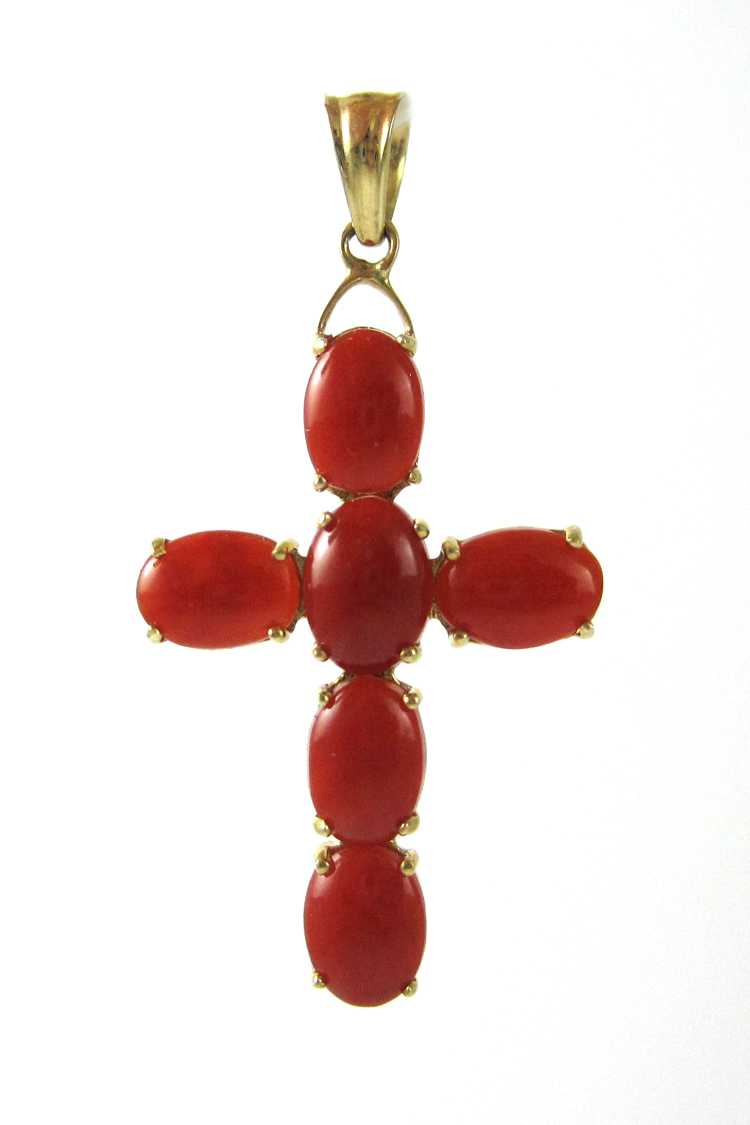 Appraisal: CORAL AND FOURTEEN KARAT GOLD CROSS PENDANT set with six