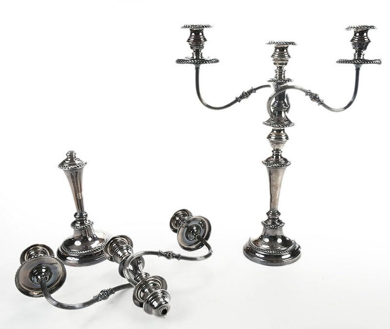 Appraisal: Pair English Silver Candelabra early th century gadroon borders two