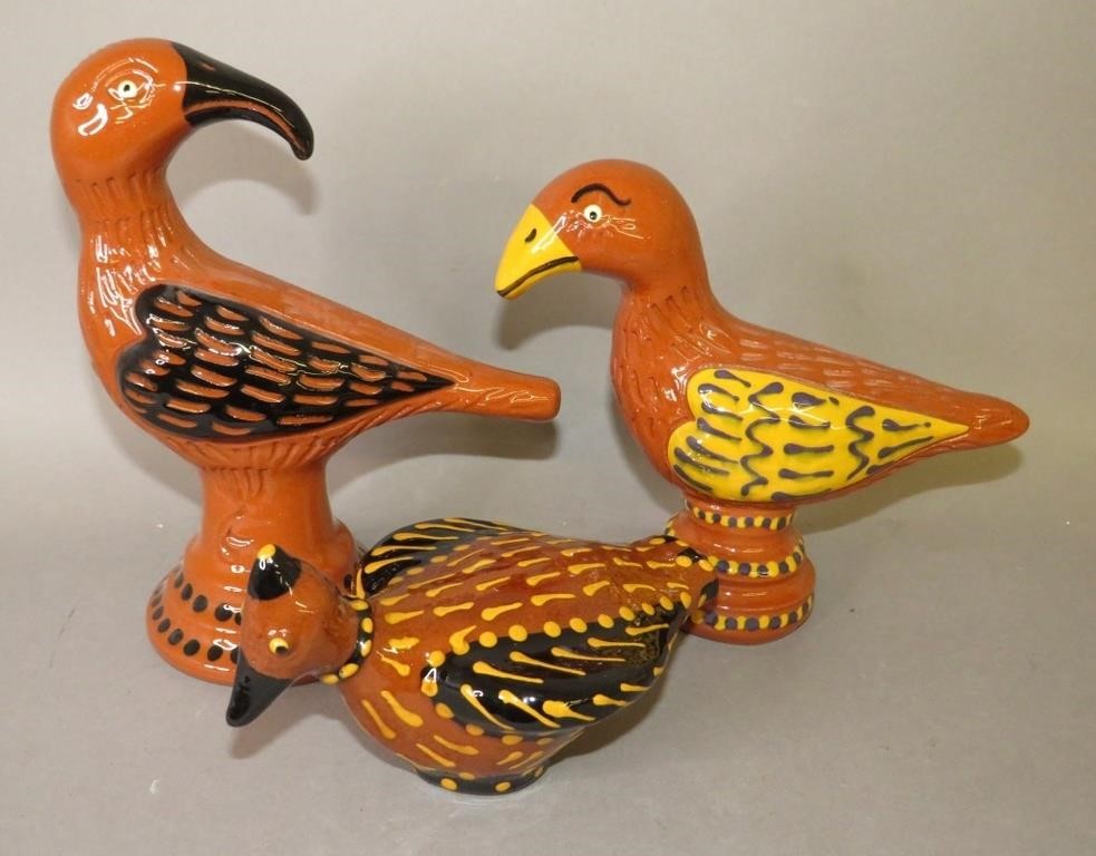 Appraisal: WHIMSICAL FOLK ART REDWARE BIRDS BY WES MUCKEY ca -