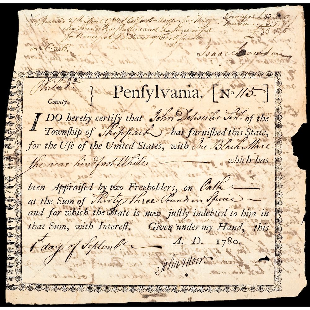 Appraisal: Interest Bearing Certificate Rev War Horses for the Continental Army