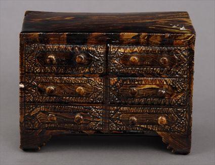 Appraisal: ROCKINGHAM-GLAZED POTTERY MINIATURE CHEST OF DRAWERS Modeled with six short