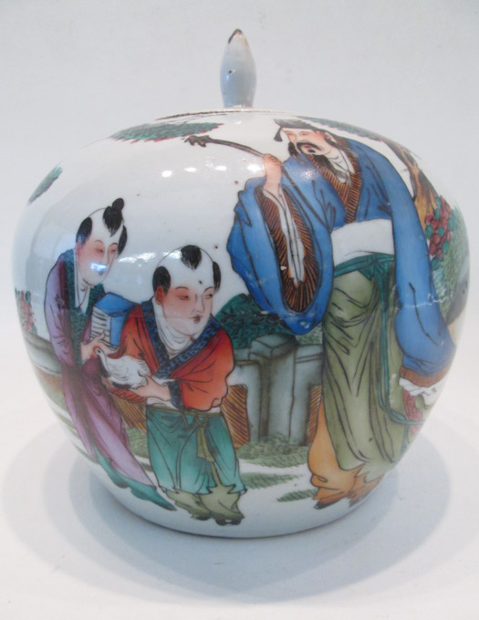 Appraisal: CHINESE PORCELAIN LIDDED POETRY JAR with hand painted enamel figures