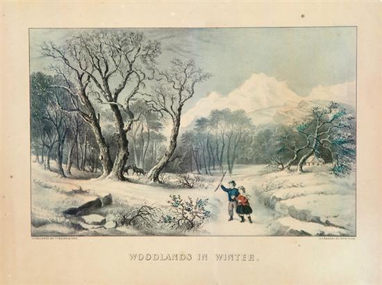 Appraisal: WOODLANDS IN WINTER BY CURRIER IVES Handcolored lithograph on paper