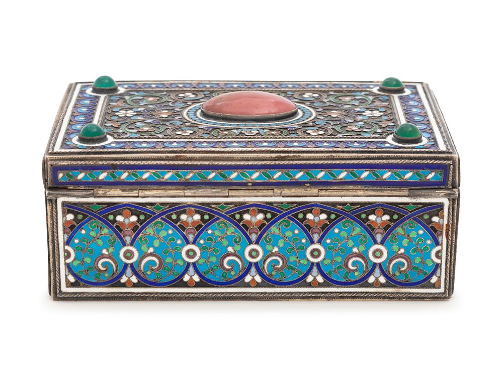 Appraisal: A Russian Silver Enameled and Cabochon-Inset Table-Top Cigarette Box A