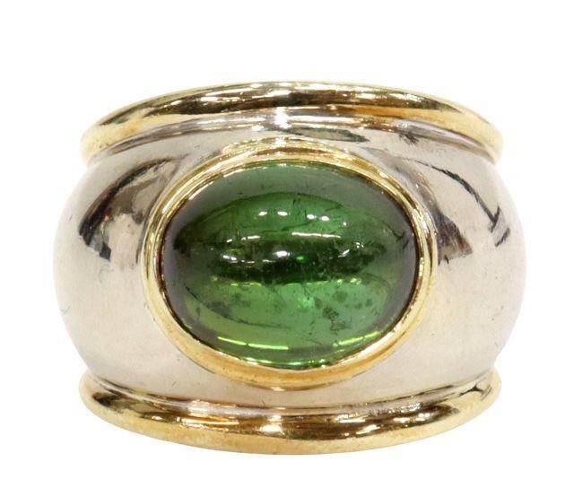 Appraisal: Estate kt white and yellow gold ring cabochon-cut green tourmaline