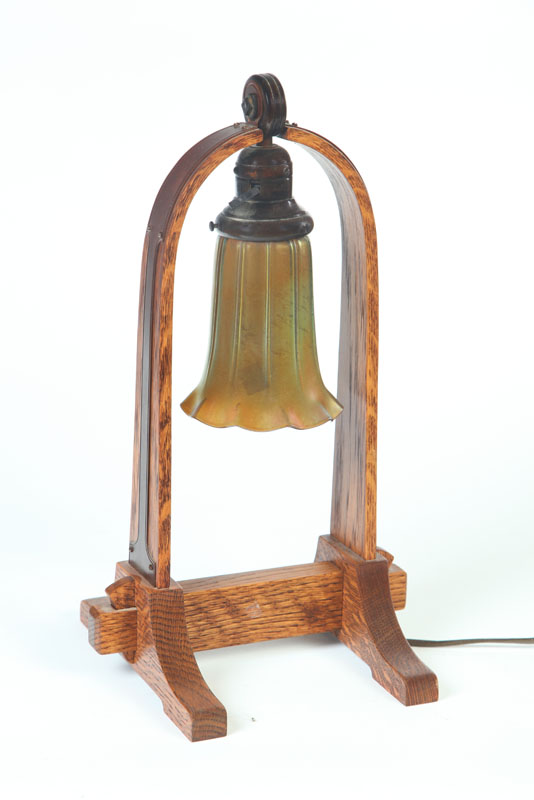 Appraisal: ARTS CRAFTS TABLE LAMP American early th century oak Interesting