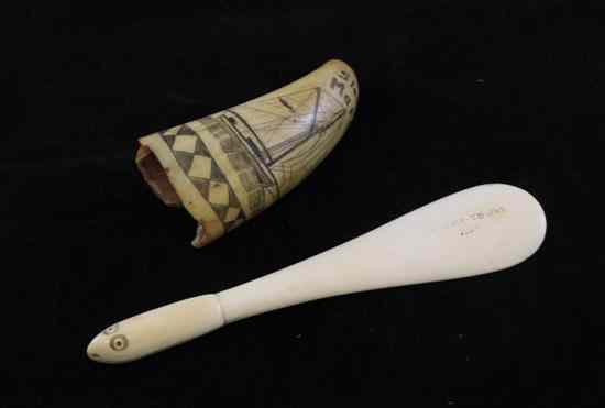 Appraisal: A Tasmanian scrimshaw whale tooth decorated with the 'Sloop Maria'