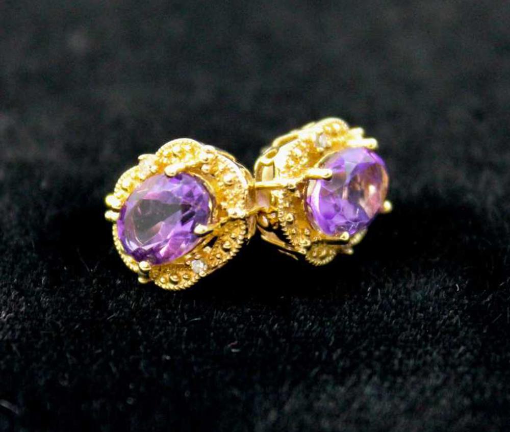 Appraisal: PAIR OF AMETHYST AND DIAMOND STUD EARRINGS each k yellow