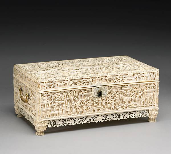 Appraisal: An export ivory rectangular hinged box th Century Of rectangular