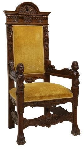 Appraisal: French Renaissance Revival carved walnut throne chair th c heavily