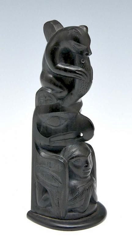 Appraisal: Haida Argillite totem pole Haida Argillite totem pole depicting bear