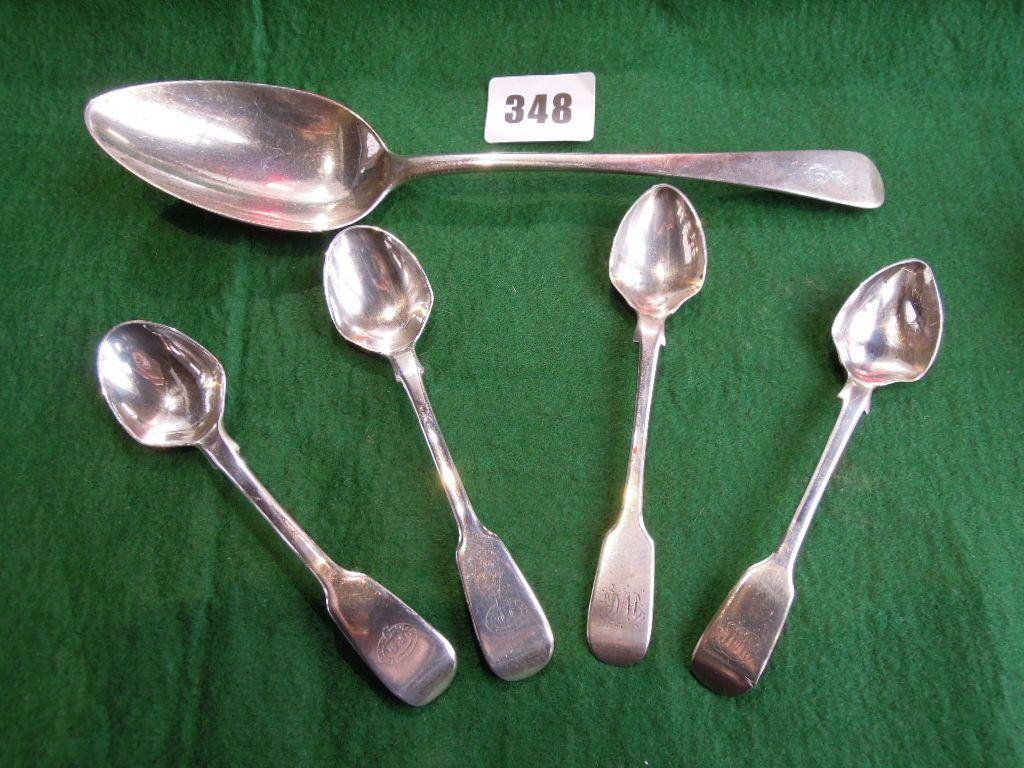 Appraisal: Four Victorian silver teaspoons and a Georgian silver serving spoon