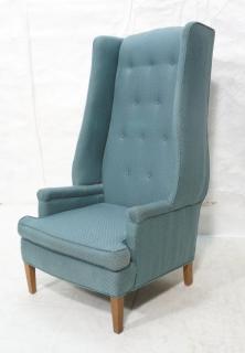 Appraisal: Tall Back Wing Chair Blue Green Diamond pattern fabric Tapered