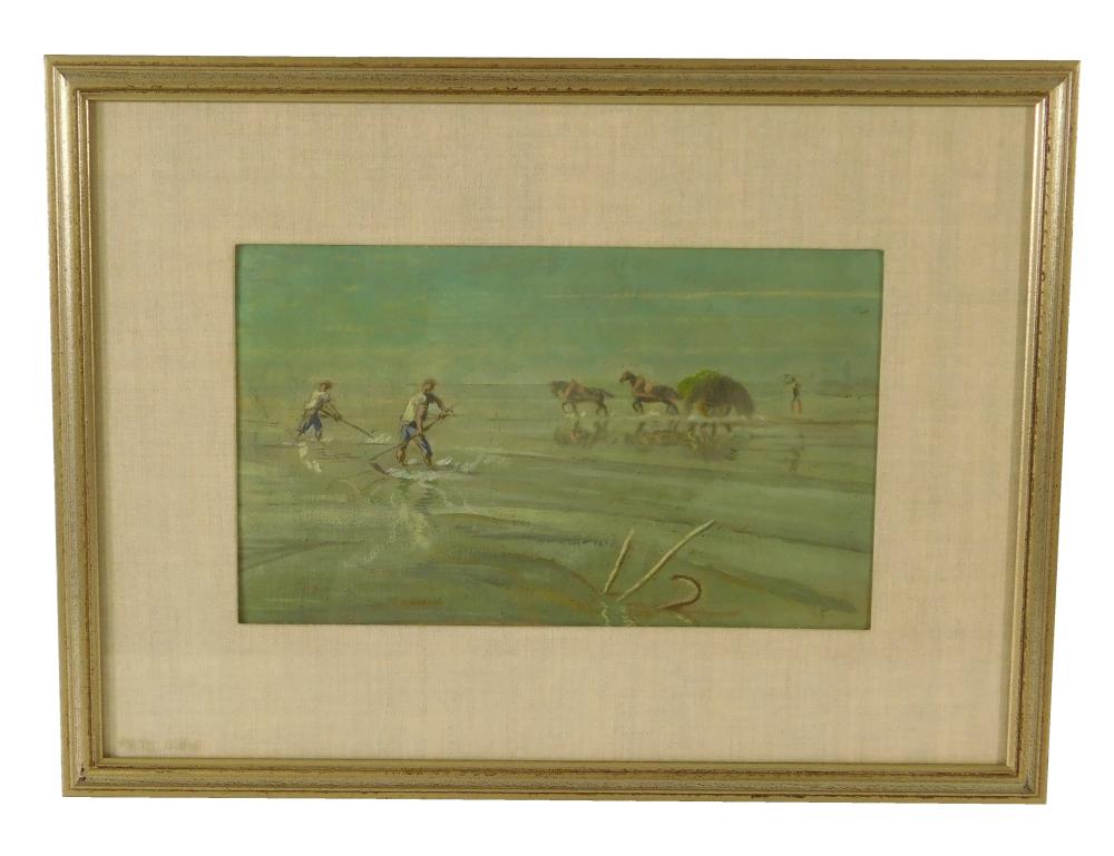 Appraisal: Oil on canvas of workmen harvesting shellfish and seaweed late