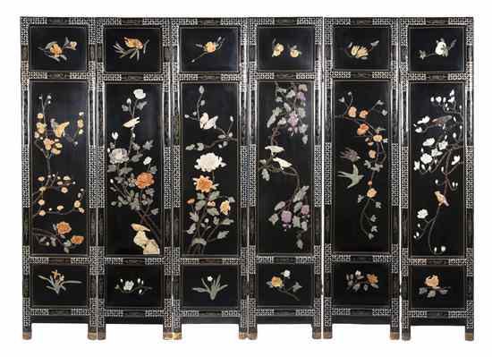 Appraisal: A Lacquered Six-Panel Floor Screen having inset hardstones and a