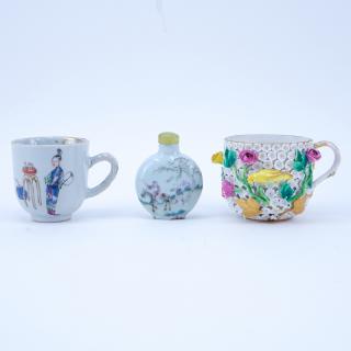 Appraisal: Three Piece Porcelain Lot Includes Meissen cup signed wear and