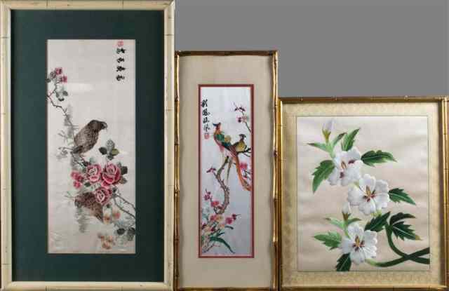 Appraisal: Chinese Silk EmbroideriesAll painted to depict birds and flowers two