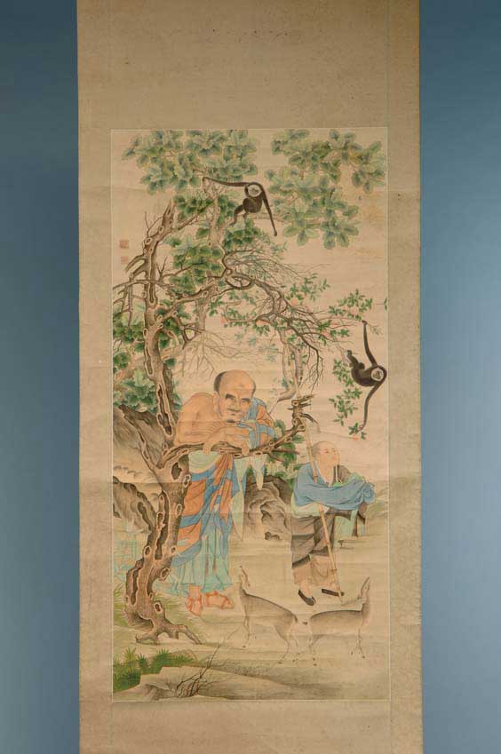 Appraisal: CHINESE FIGURAL SCROLL Finely detailed large Chinese ink and color