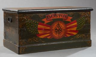 Appraisal: American Polychromed Pine Bedding Box th c Bo American Polychromed