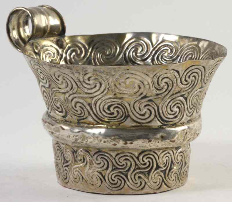 Appraisal: Greek Silverplate Cupcylindrical tapered form all-over scroll pattern in repousse