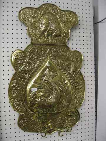 Appraisal: Large Brass Wall Sconce bust above fish cattails double sconce