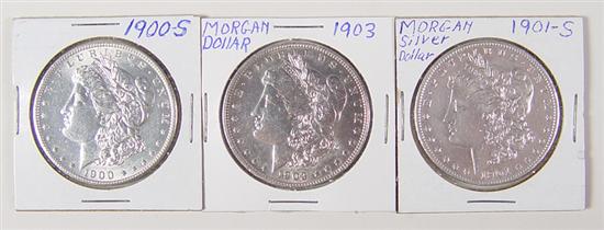 Appraisal: Three Morgan Dollars Three better date and grade Morgan Dollars