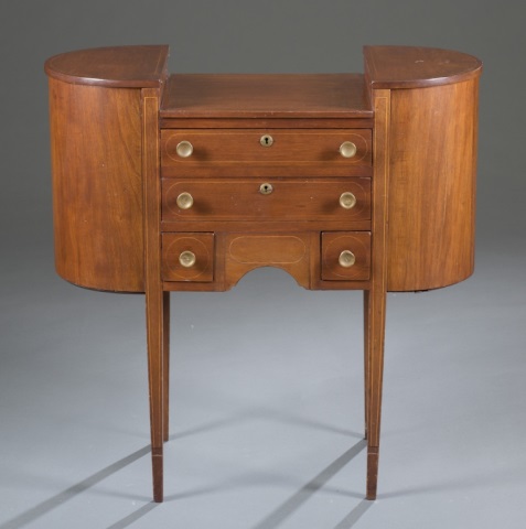 Appraisal: Federal-Style Sewing Table Mahogany with inlays Four drawers flanked by