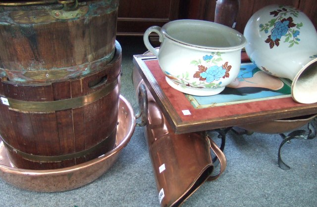 Appraisal: A quantity of metalware collectables including two oak coppered buckets