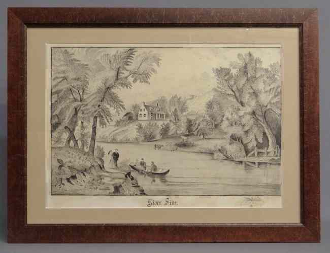 Appraisal: th c folk art watercolor ''River Side'' featuring people boating