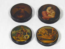 Appraisal: Four papier-mache lacquer circular snuff boxes two painted with rural