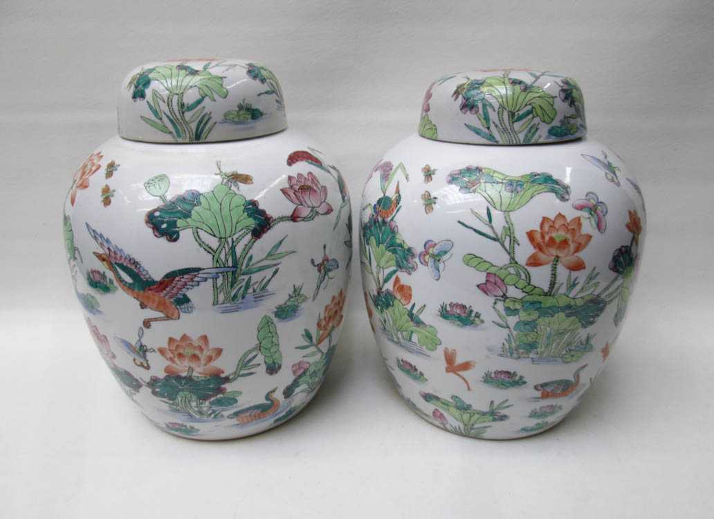 Appraisal: PAIR OF CHINESE PORCELAIN LIDDED JARS hand painted featuring aquatic