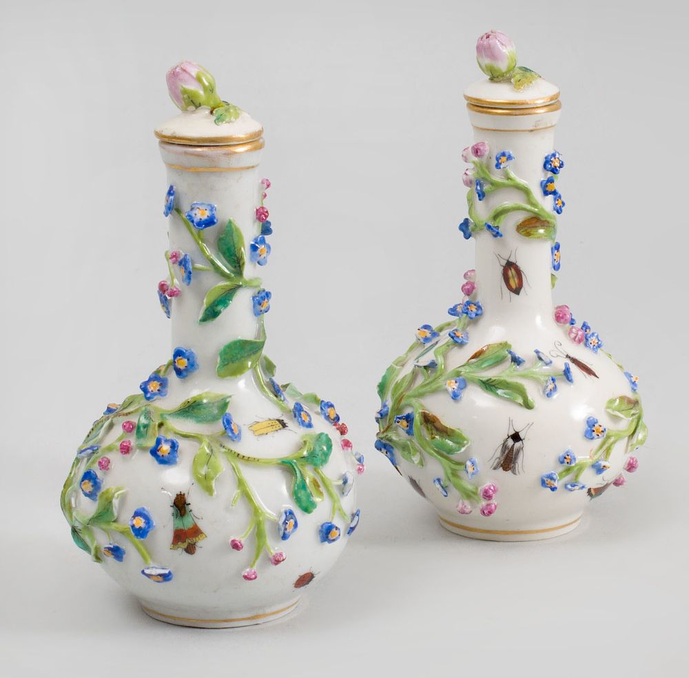 Appraisal: Pair of Continental Flower Encrusted Porcelain Miniature Bottle Vases and