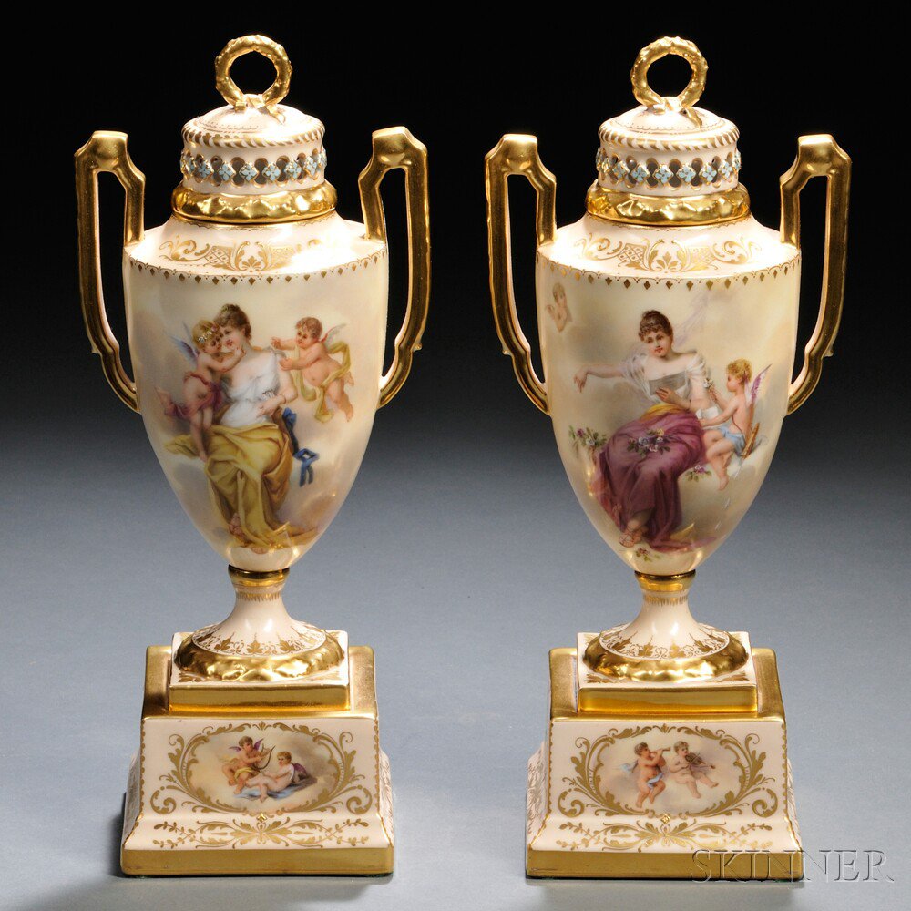 Appraisal: Pair of Vienna Porcelain Vases and Covers Austria late th