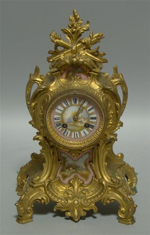 Appraisal: LOUIS XIV STYLE MANTEL CLOCK Gilt-metal inset with pink Sevres