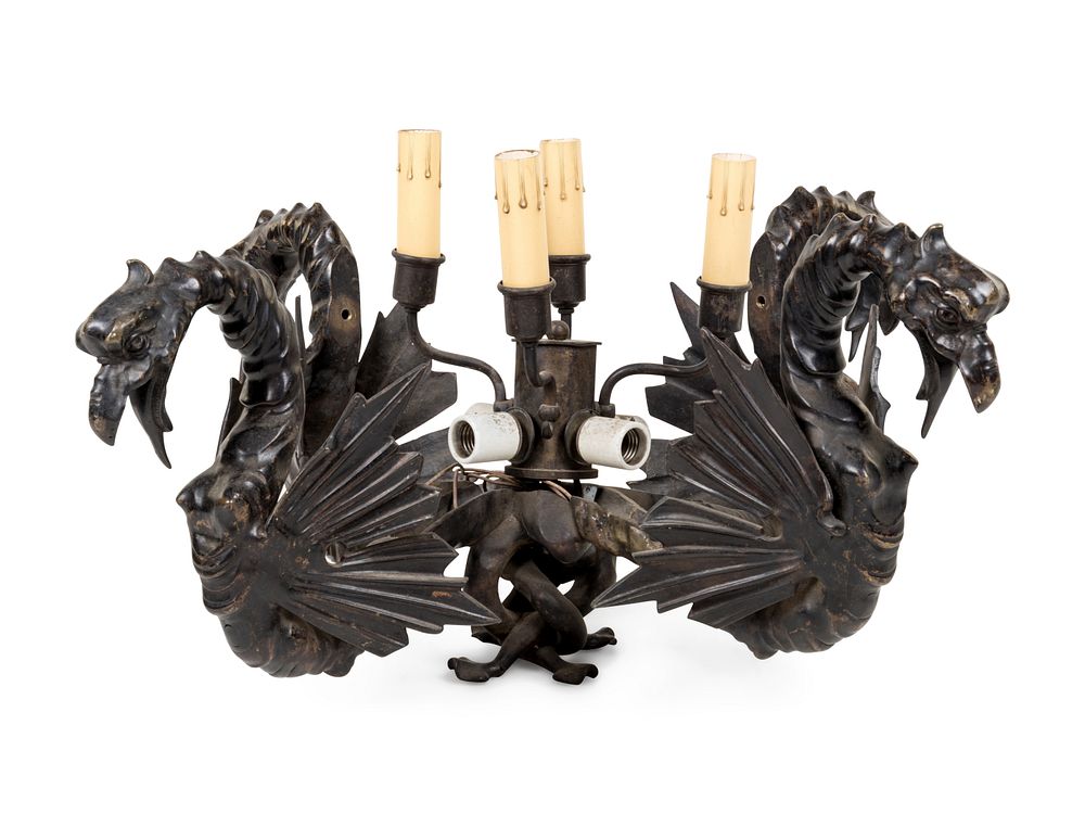 Appraisal: A Patinated Bronze Eight-Light 'Dragon' Chandelier A Patinated Bronze Eight-Light