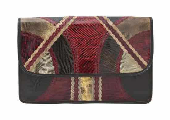 Appraisal: A Carlos Falchi Patchwork Exotic Skin Envelope Clutch with brown