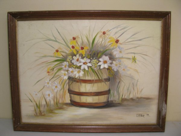 Appraisal: Still life painting on canvas of barrel with flowers Frame