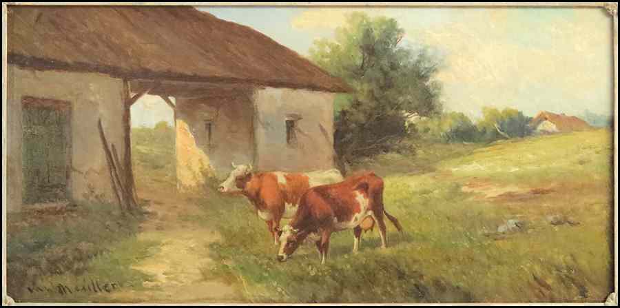 Appraisal: ARTIST UNKNOWN TH TH CENTURY COWS GRAZING NEAR BARN Oil